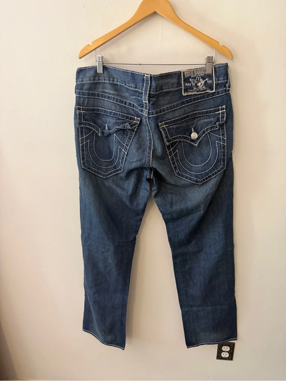 Y2K vintage True Religion Men's Dark Blue Jeans with crystal rhinestone design